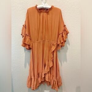BY TIMO | Orange Polka Dot Ruffle Midi Dress Boho Romantic Style | Size Large